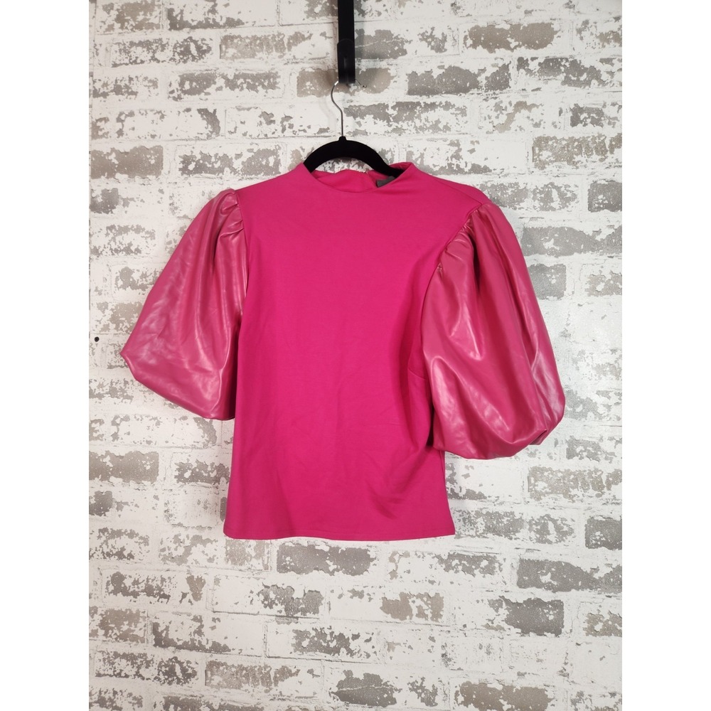 Edgy Glam Hot Pink Faux Leather Puff Sleeve Top Size Small